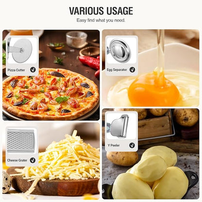 Stainless Steel Kitchen Gadget Set, HIFIND 9 PCS Cooking Gadgets Tools Set with Soft Touch Handles, Pizza Cutter, Peeler, Cheese Grater, Bottle Opener, Egg Separator, Grill Spatula, Holding Clamp