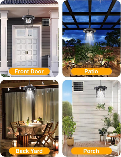 Solar Pendant Lights Outdoor,Motion Sensor Lights, IP65 Waterproof, Switchable 5 Lighting Modes. Remote Control and Solar-Powered ，Suitable for porches, Gardens,garages, and Emergency Lighting