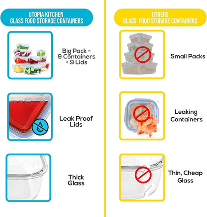 Kichly 18pcs Glass Food Storage Containers with Airtight Lids, BPA Free and FDA Approved, 9 Lids and 9 Containers for Meal Prep, Pantry Organizers, Freezer to Oven Safe, Glass Lunch Boxes,Food Savers