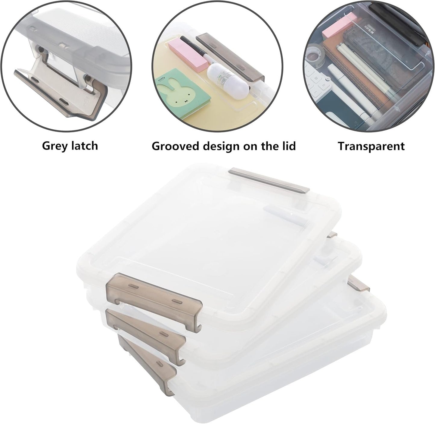Citylife 3 PCS Plastic Storage Bins with Latching Lids Clear File Box Portable Storage Containers for Organizing A4 Paper, Document, Scrapbook, 14.65" x 10.43" x 2.87"