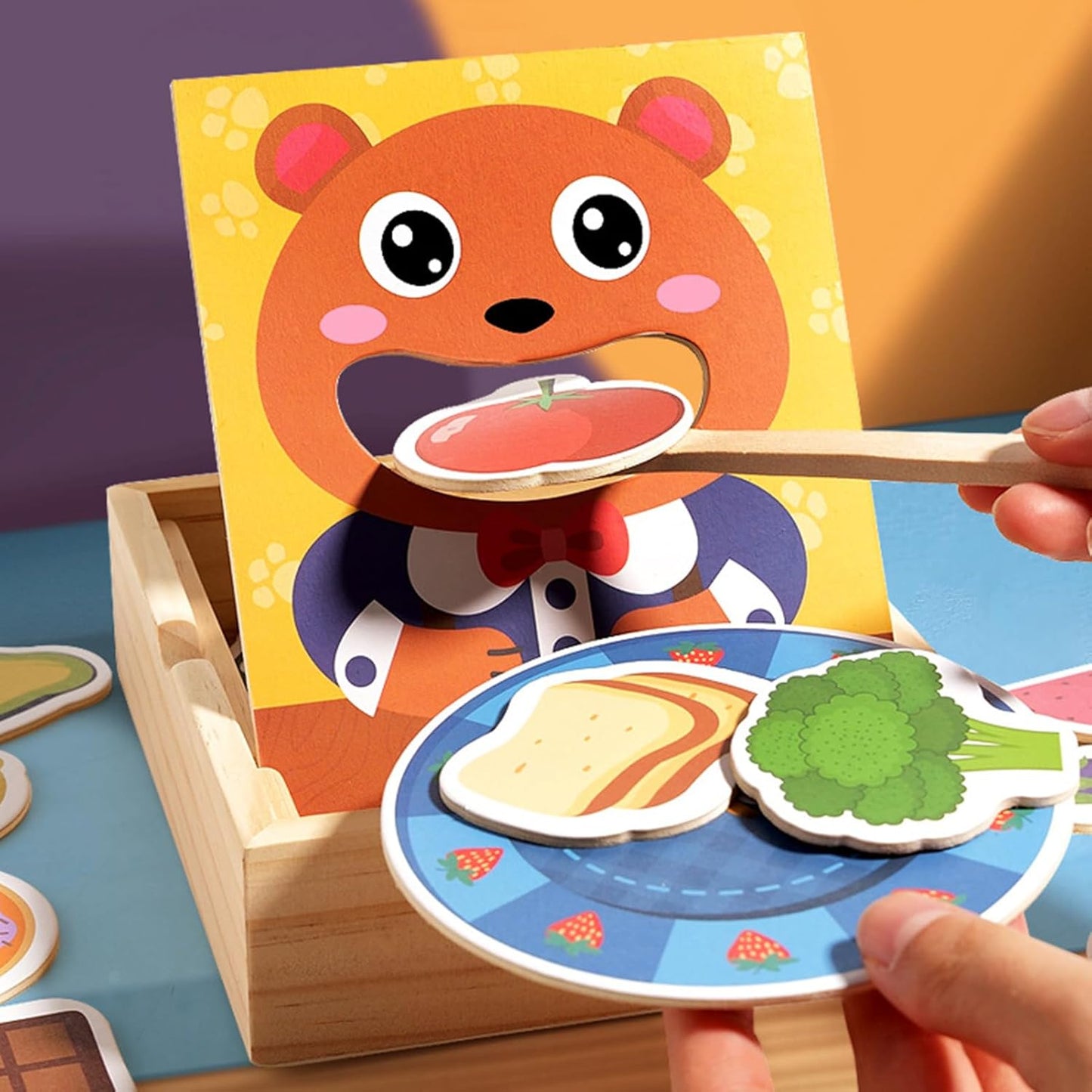 Wooden Feeding Toy, Bear Pretend Food Set, Encourages Learning Play Set, Educational Training Game for Toddler Ages 3+, 6.61 x 5.79 x 1.89 inches, Multicolour