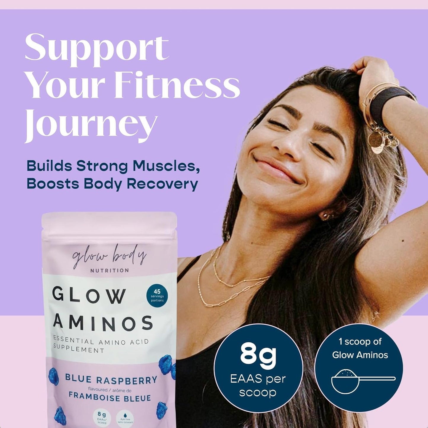 Glow Aminos - Blue Raspberry | 445g - 45 servings | Vegan, GF, DF, Sucralose-Free | Pure EAAs, Essential Amino Acid Powder, Amino Acid Supplement, Clean Aminos, Essential Amino Acids | Support Muscle Build, Recovery, Lean Mass, Toned Body, Hydration.