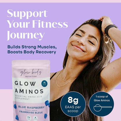 Glow Aminos - Blue Raspberry | 445g - 45 servings | Vegan, GF, DF, Sucralose-Free | Pure EAAs, Essential Amino Acid Powder, Amino Acid Supplement, Clean Aminos, Essential Amino Acids | Support Muscle Build, Recovery, Lean Mass, Toned Body, Hydration.