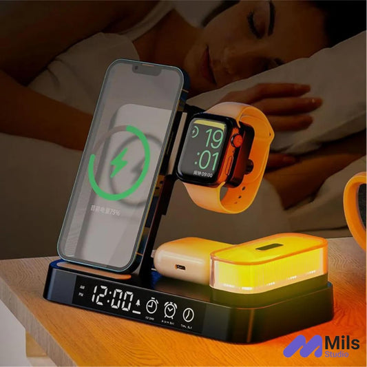 4-in-1 30W Apple Foldable Wireless Charging Alarm Clock Station with Portable LED Lights (A37) (White)