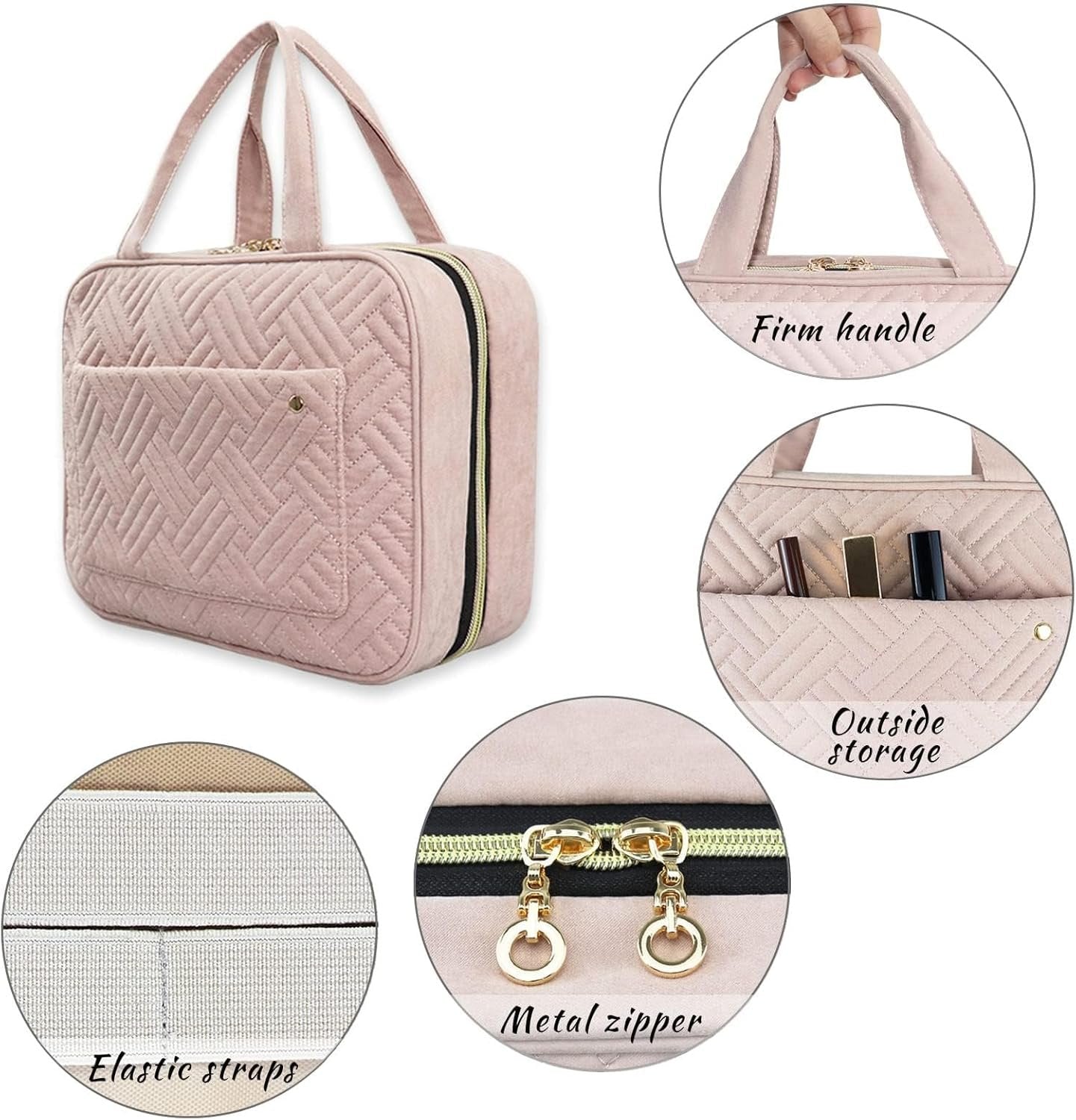 Hanging Toiletry Bag, Travel Makeup Bag, 4 Compartments Large Wash Bag, Portable Waterproof Cosmetic Toiletries Storage for Women (Pink)