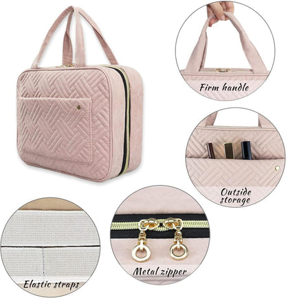 Hanging Toiletry Bag, Travel Makeup Bag, 4 Compartments Large Wash Bag, Portable Waterproof Cosmetic Toiletries Storage for Women (Pink)