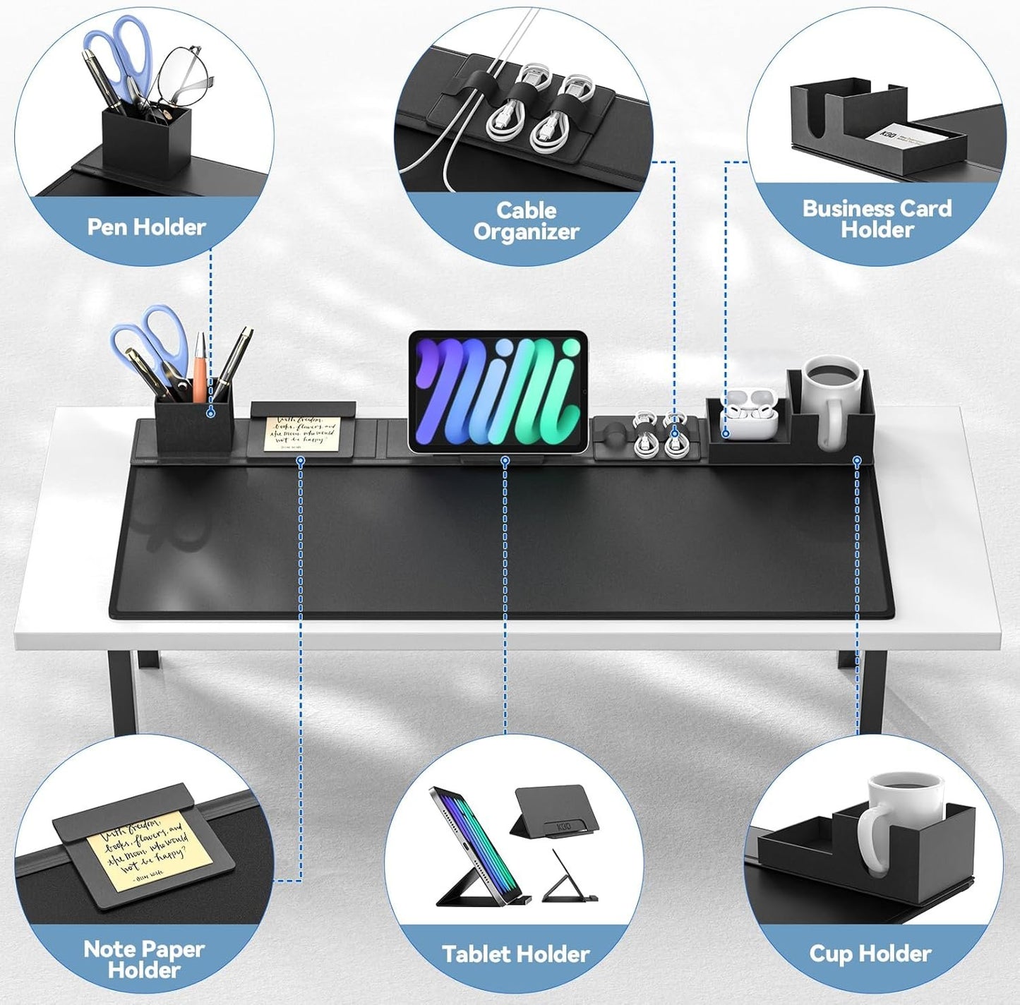 KDD Desk Pad and Organizer Set, 6 in 1 Mouse Mat with Magnetic Desktop Storage Accessories DIY Feature for Phone/Tablet Stand/Cup Holder/Card/Pen Holder/Cable Management for Office and Home