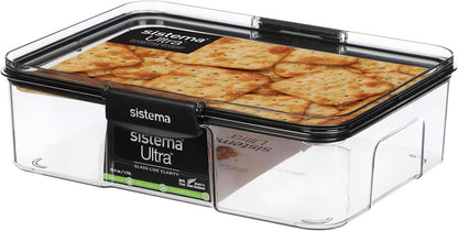 Sistema Ultra 1.73L Rectangle Food Storage Container | Stackable | Airtight Pantry Storage Container with Locking Clips | BPA & Phalate Free | Clear with Black Accents