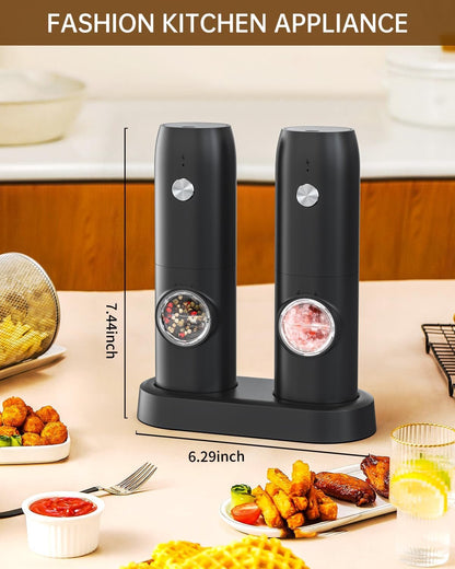 CIRCLE JOY Electric Salt and Pepper Set with Rechargeable Base, White Led Light, Automatic Salt Pepper Grinder for Home, Kitchen, Adjustable Grind Coarseness, Easy to One Hand Operation