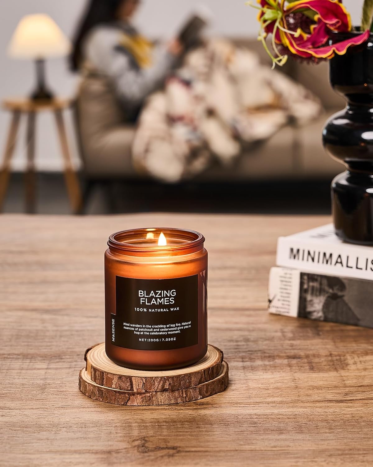 M&SENSE Blazing Flames Candle, 40 Hours Long Lasting Candle for Home Decor, 6.0oz Cade & Patchoulli Scented Candle, 2 Cotton Wick Natural Soy Wax for Celebration Holiday