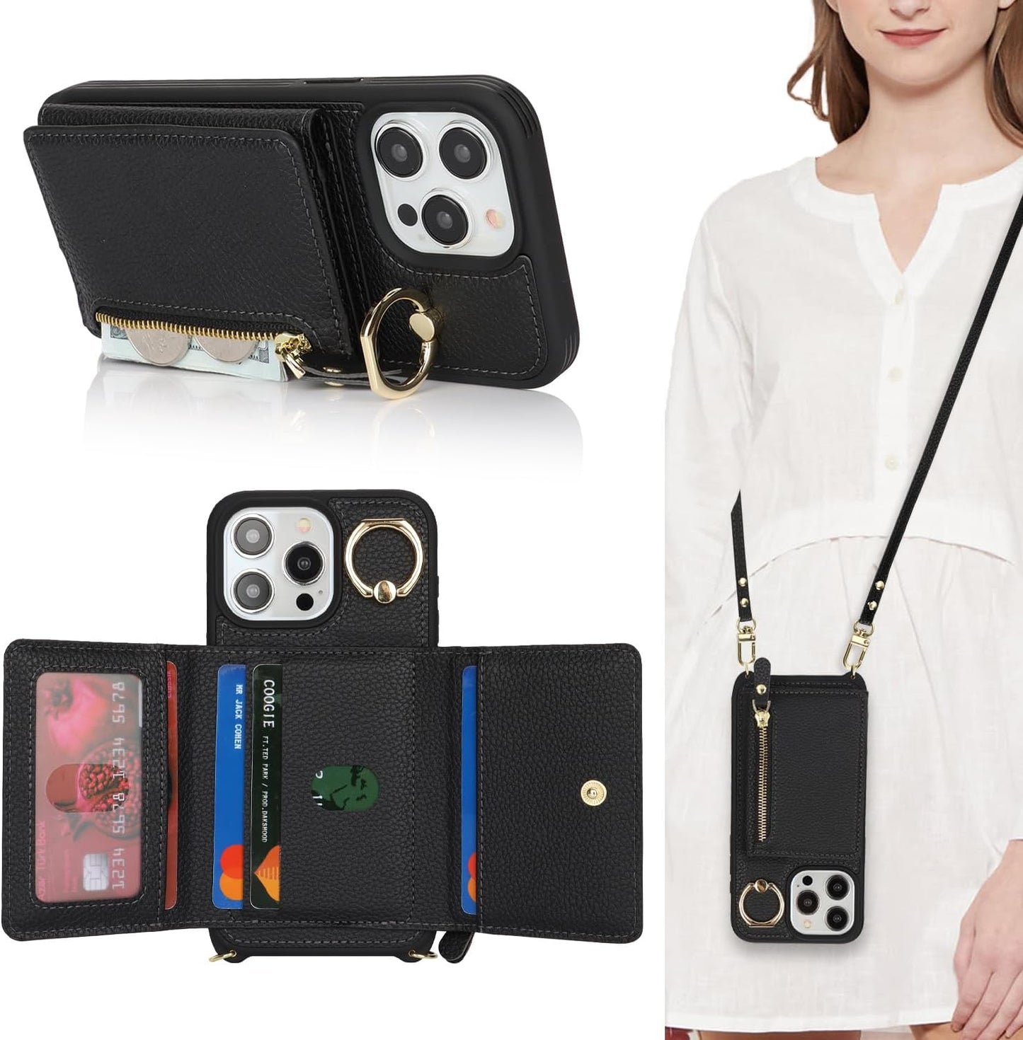 SunYoo for iPhone 15 Pro Max Crossbody Case with Card Holders Money Slots Zipper Coin Purse Rotatable Ring Kickstand Cover Wristlet Strap Lanyard Litchi Leather Wallet for iPhone 15ProMax Black