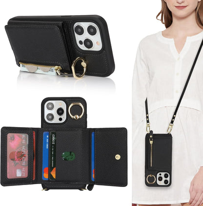 SunYoo for iPhone 15 Pro Max Crossbody Case with Card Holders Money Slots Zipper Coin Purse Rotatable Ring Kickstand Cover Wristlet Strap Lanyard Litchi Leather Wallet for iPhone 15ProMax Black