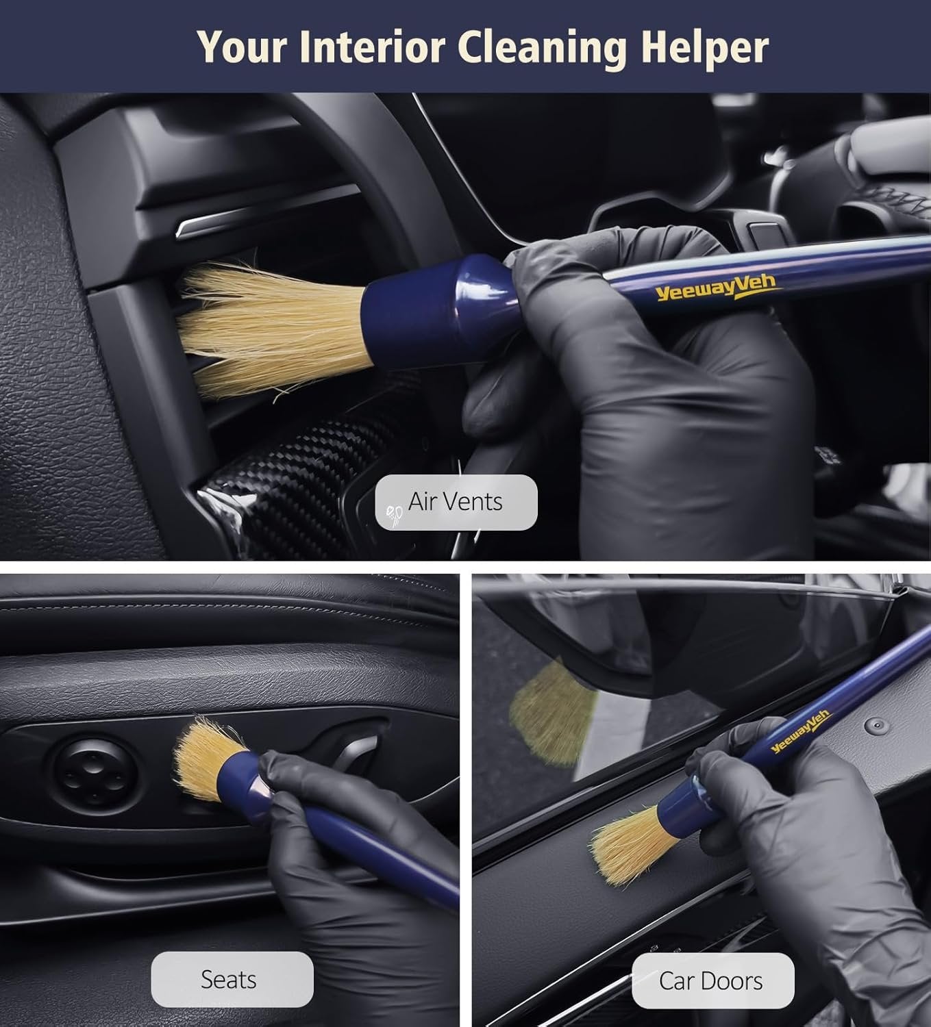 Car Detailing Brush Set, 3 Pack Ultra Soft Boars Hair Detailing Brushes for Leather Seat Air Vents Engine Bay, Auto Detail Brushes Car Detailing for Interior Exterior, Indigo