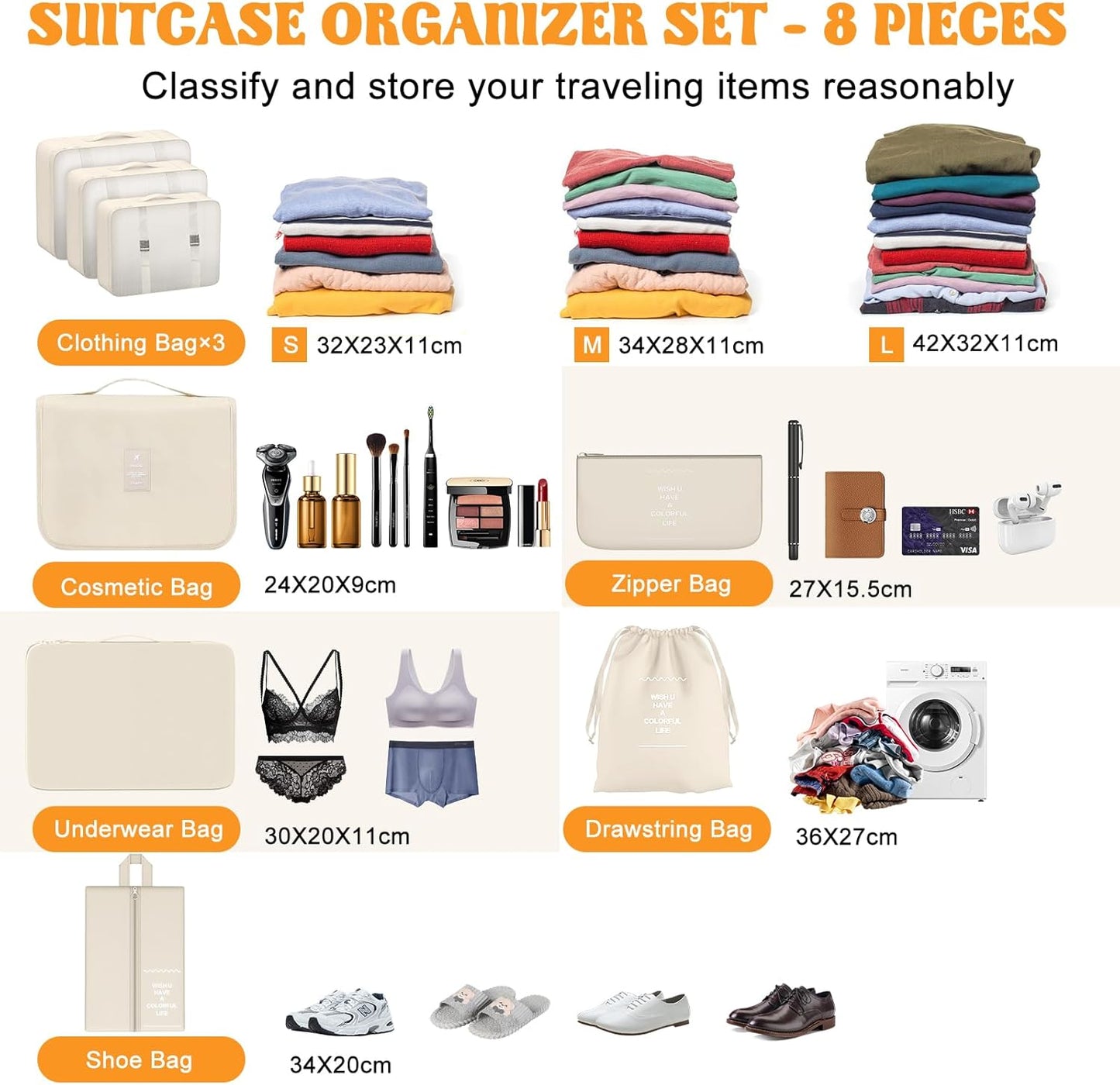 Suitcase Organizer 8 Piece (Beige) Space Saving Suitcase Organizer Set Suitcase Packing Cubes Suitcase Organizer Suitcase Compression