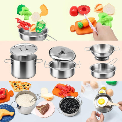 37Items 59Pcs Kids Pretend Play Kitchen Accessories Set, Stainless Steel Play Pots and Pans Sets for Kids, Cooking Utensils, Play Food Pizza Knife Kitchen Playset Toys Gift for Boys Girls Toddlers