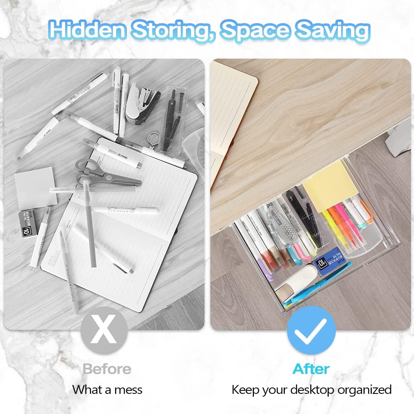 Self-adhesive Under Desk Drawer Organizer, 2 Pack Table Hidden Slide Out Large Storage Mounted Desktop Pencil Holder Tray Drawers for Office Home School Stationery Kitchen (Large, White)