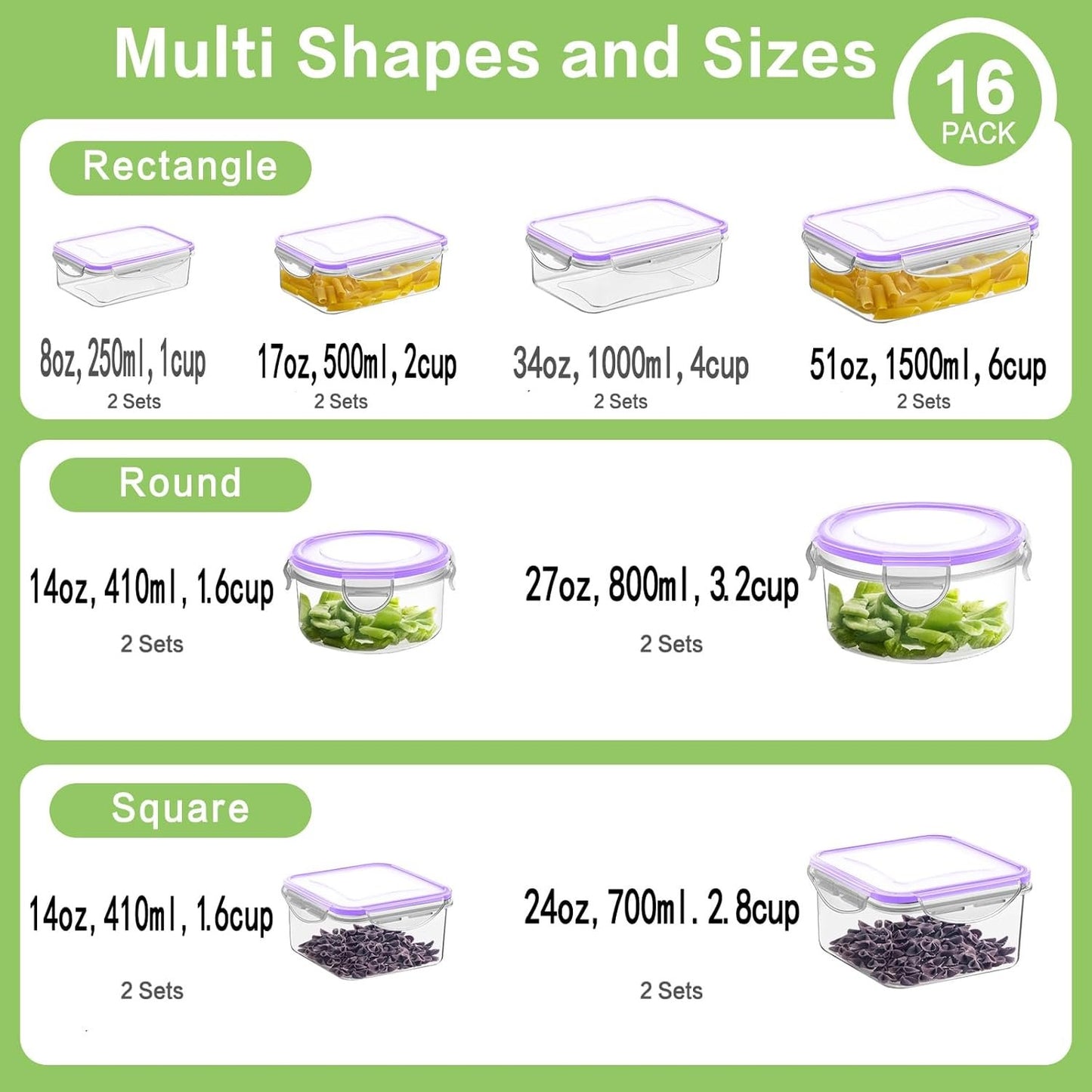 HOMBERKING 32 Pieces Food Storage Containers Set with Snap Lids (16 Lids + 16 Containers), Meal Prep Airtight Plastic Containers, BPA-Free Lunch Containers for Kitchen, Pantry, Home, Purple