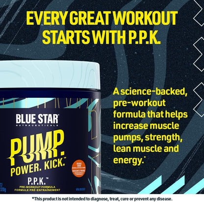 Blue Star Nutraceuticals P.P.K. Pre Workout Supplement - Energy Booster, Nitric Oxide NO2 Booster, Muscle Pumps & Hydration Support - Works After 1 Serving - 40 Servings (Orange Drink)