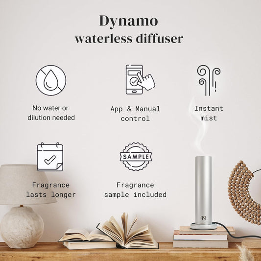 Dynamo Essential Oil Diffuser for Home with Fragrance Sample, App & Manual Control, Cold-Air Scent Diffusers for Home,Large Room, Hotel Scent Diffuser 1000sq. ft. Silver, Aroma Diffusers