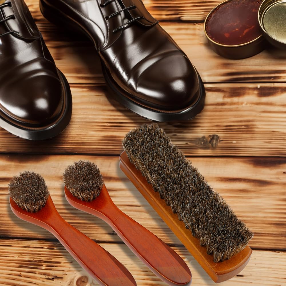 rugwioyu Horse Hair Brush for Leather - 3 Pieces Shoe Cleaning Tool - Soft Bristles, Anti-Static, Strong Water Absorption - Large & Long Handle Brushes - Brown