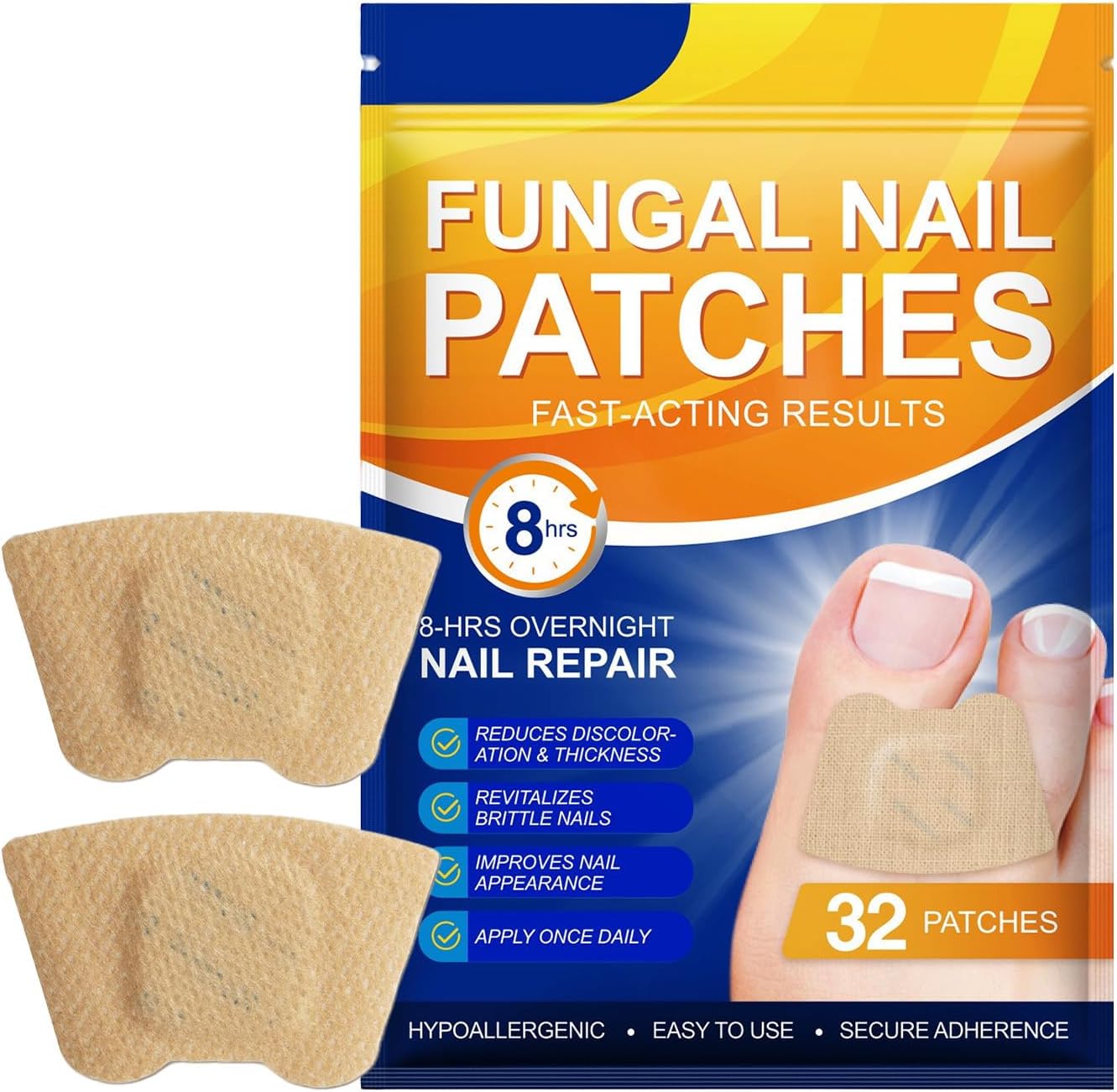 Toenail Repair Patches, 32 Pieces Breathable Nighttime Nail Stickers, Crack and Discoloration Foot Care Pedicure Solution, Ideal for Men, Women, Athletes, Home Use 2.16 Inch