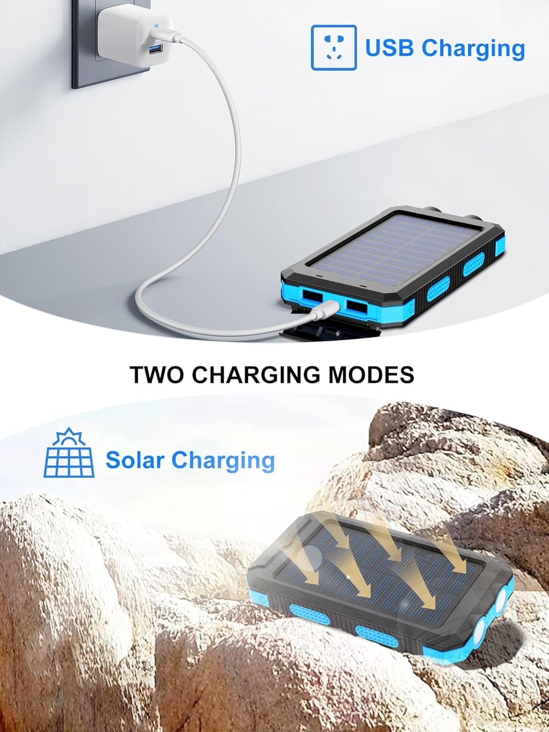 Solar Charger 20000mAh, Portable Solar Power Bank Waterproof Solar Phone Chargers Compatible with All Smartphone External Battery Pack with 2 USB Ports/LED Flashlights for Outdoor Camping(Blue)
