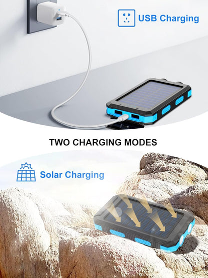 Solar Charger 20000mAh, Portable Solar Power Bank Waterproof Solar Phone Chargers Compatible with All Smartphone External Battery Pack with 2 USB Ports/LED Flashlights for Outdoor Camping(Blue)