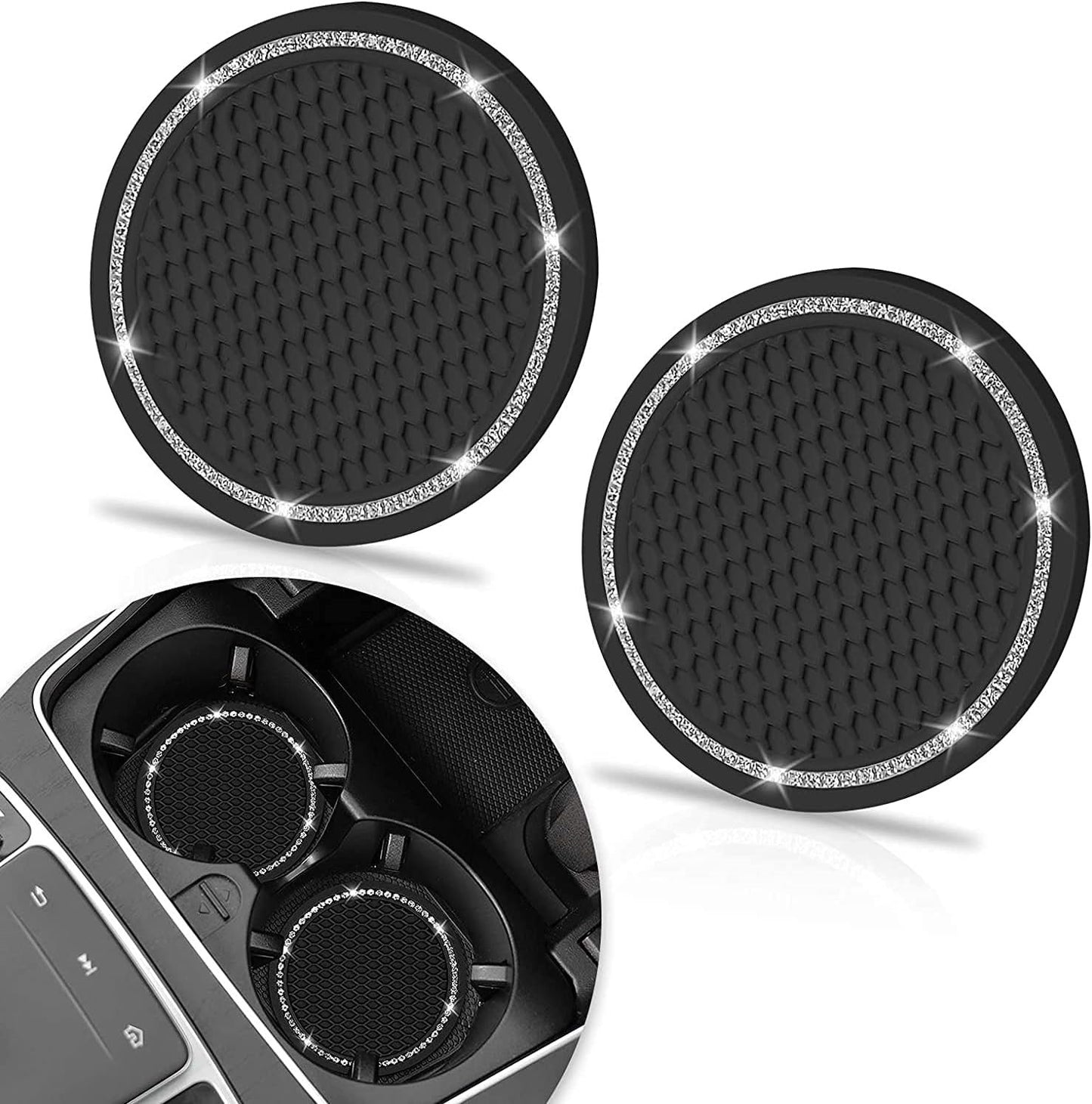 Car Cup Coaster, Push Start Button Bling, Interior Accessories 2.75 Inches Crystal Rhinestone Anti-Slip Vehicle Coaster for Cars, Trucks & RVs (Black, 2Pcs + Bling 1Pcs)