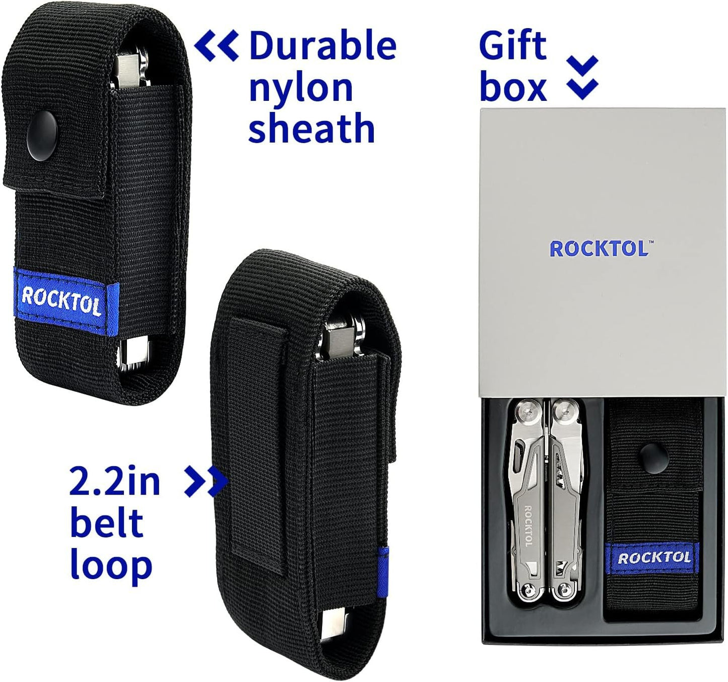 ROCKTOL Multitool,19 in 1 Multitool Pliers with Titanium-Plated Handle Safety Locking Lightweight EDC Tool Nylon Sheath for Gifts,Men,Outdoor Survival,Hiking,Camping