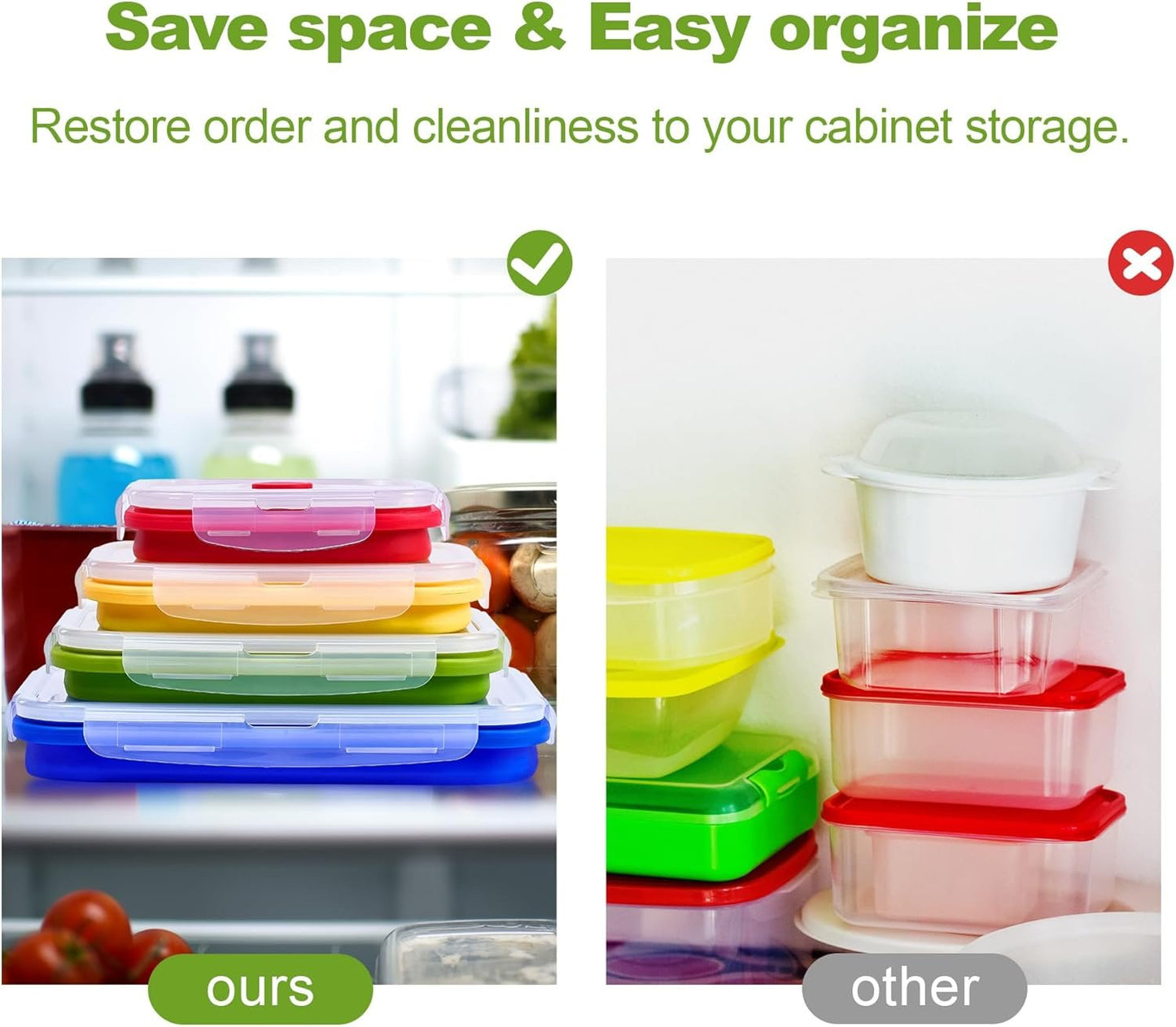 Set of 4 Collapsible Silicone Food Storage Container, Leftover Meal Box for Kitchen, Bento Lunch Boxes, BPA Free, Microwave, Dishwasher and Freezer Safe. Foldable Thin Bin Design Saves Your Space.