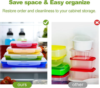 Set of 4 Collapsible Silicone Food Storage Container, Leftover Meal Box for Kitchen, Bento Lunch Boxes, BPA Free, Microwave, Dishwasher and Freezer Safe. Foldable Thin Bin Design Saves Your Space.