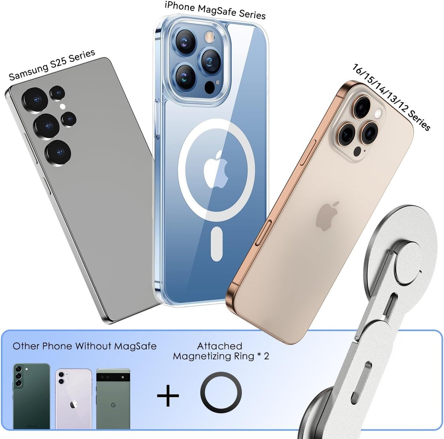 CloudValley 3D Rotating Magnetic Phone Stand, Adjustable Continuity Camera Mount Compatible with iPhone MagSafe Series & All Phones, Foldable Holder Bracket for Tesla Laptop Monitor, Silver