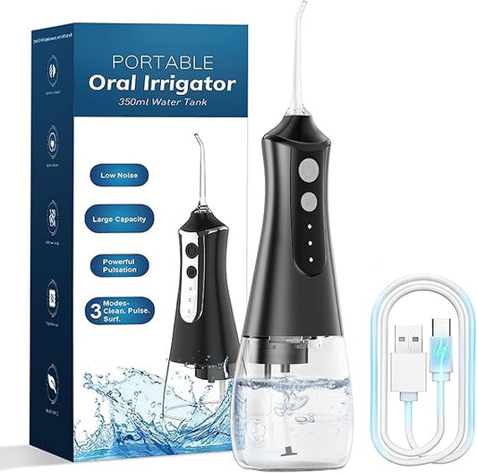 Water Dental Flosser Pick: 350ML Portable Cordless Oral Irrigator with 3 Modes Rechargeable Irrigation Cleaner for Teeth Deep Cleaning, IPX7 Waterproof Electric Flossing Machine for Home, Travel-Black