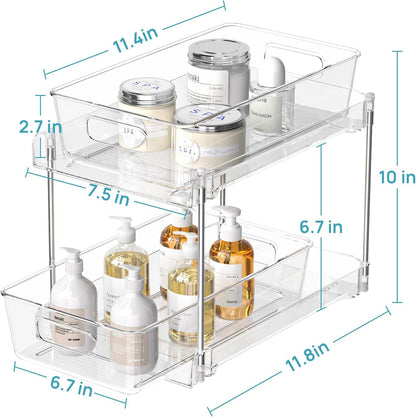 2 Tier Bathroom Storage Organizer, Vtopmart 2 Pack Clear Under Sink Organizers Vanity Counter Storage Container, Medicine Cabinet Drawers Bins, Pull-Out Organization with Track for Pantry, Kitchen