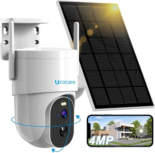 4MP QHD Solar Security Camera Outdoor Wireless WiFi, UCOCARE 360Â° PTZ Surveillance Cameras with 5W Solar Panel & 15000mAh Battery, PIR Motion Detection Alarm, 30m Color Night Vision, 2-Way Talk, IP66