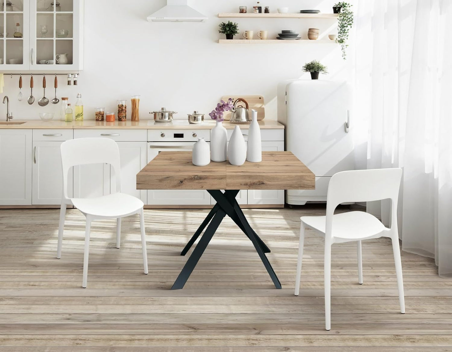 PAZZO DESIGN Leonardo Extendable Table, Black Cross Legs, Made In Italy, Rustic Oak, Kitchen Table, Dining Room Table, Extendable Table, 95 x 90 x 76 cm - id_2129
