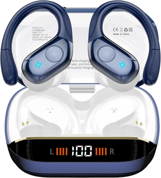 Wireless Earbuds, 75H Bluetooth 5.4 Headphones, Sport Wireless Earphones with 4 ENC Mic, Stereo Bass, IP7, Bluetooth Earbuds with Earhooks for Workout/Running/Work, Dual LED Display Ear buds,Deep Blue