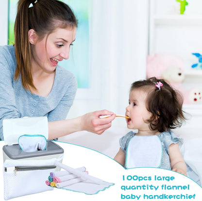 VAIPI 100 Pack Flannel Cloth Baby Wipes with Dispenser Reusable Baby Wipes Washable Natural Soft and Skin-Friendly Cloth Wipes Reusable Tissues Hand Washcloth for Cloth Diapers 8x8 Inch