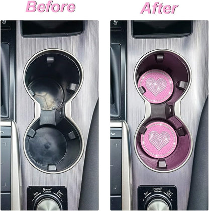 XINLIYA Heart Bling Car Cup Holder Coaster, 2PCS Universal Crystal Rhinestone Loving Heart Car Coasters, Cute Vehicle Anti-Slip Drink Cup Mat, Auto Interior Accessories Universal for Women Girls (Pink)