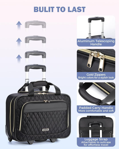 Ponhog Rolling Laptop Bag with Wheels for Women - Rolling Briefcase 15.6 Inch Laptop Bag Flight Approved Trolley Bag Carry On Luggage for Work Travel College Computer Business Lightweight Black