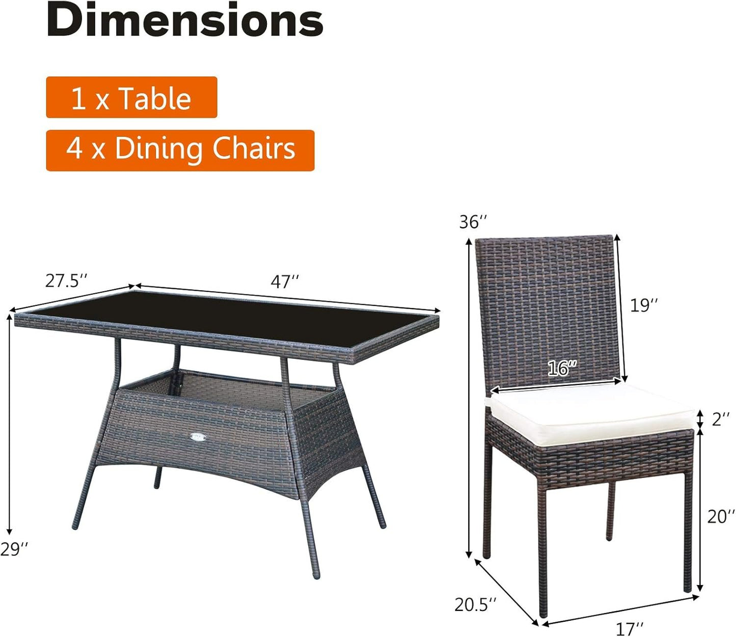 Tangkula 5 Piece Patio Wicker Dining Set, Outdoor Rattan Table and Chairs with w/Tempered Glass Table Top & Padded Cushions, Wicker Patio Conversation Furniture Set for Balcony Patio Garden Poolside
