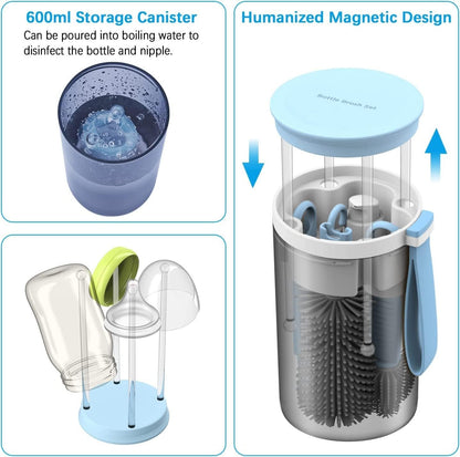 Portable Baby Bottle Brush Travel Set Cleaner, Travel Bottle Cleaning Kit Baby Essentials Newborn Silicone Nipples Cleaning Brushes and Portable Baby Bottle Drying Rack Set Mini Washing Kit Cleaner