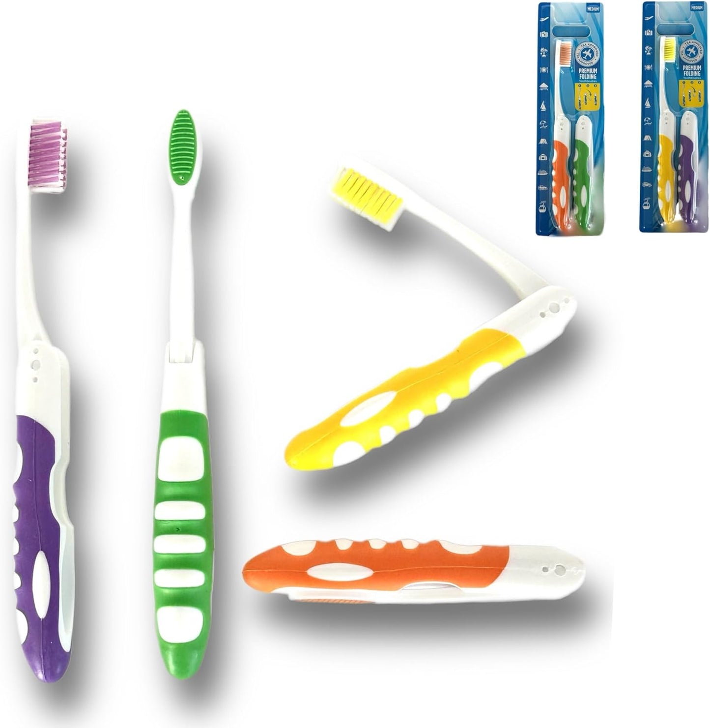 ALAZCO Comfort Hold Travel Toothbrush On The Go Folding Medium Bristle Brushes Compact Size Ergonomic Foldable Tooth Brush Camping Gym School Locker Backpack TSA Approved (4pc Medium)