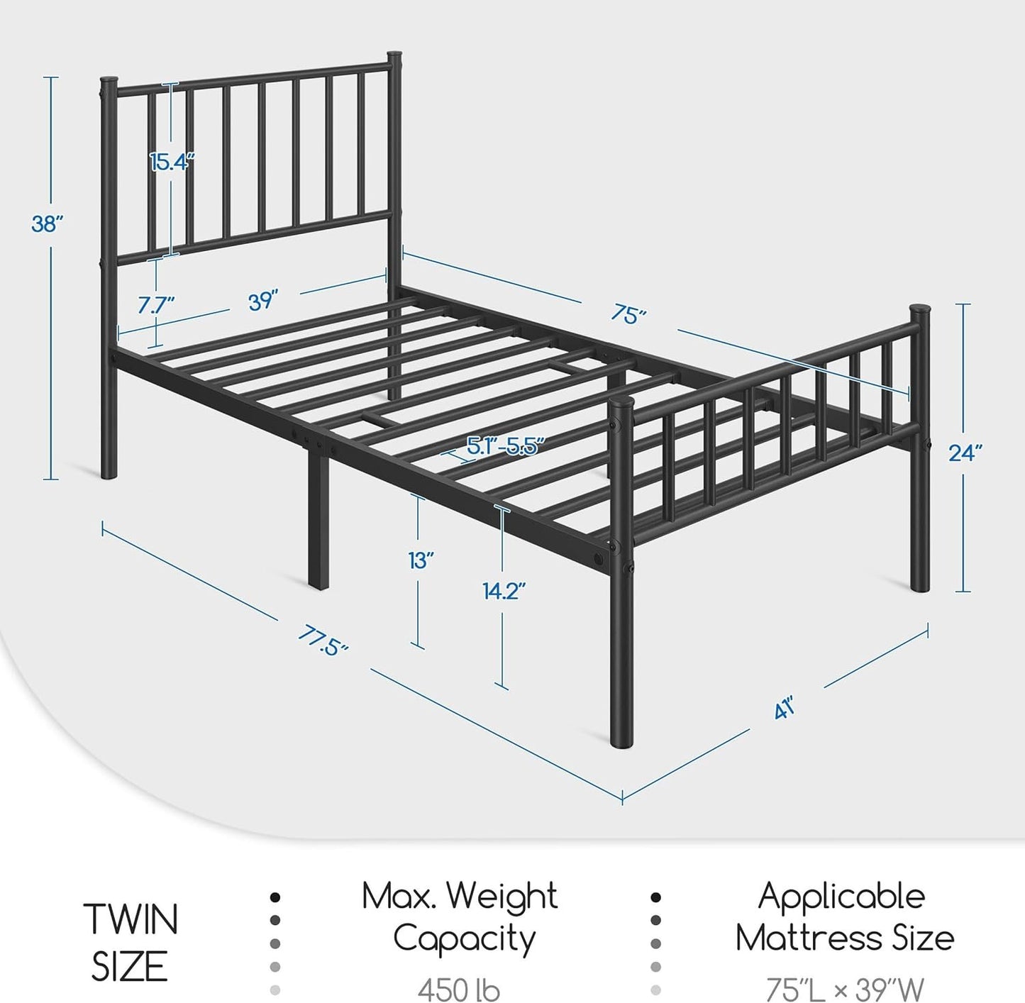 Yaheetech Twin Size Bed Frame Metal Platform Bed Frame Mattress Foundation with Spindle Headboard & Footboard/No Box Spring Needed/14 Inch Underbed Storage/Firm Support & Easy Set up Structure, Black