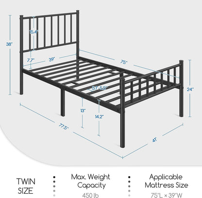 Yaheetech Twin Size Bed Frame Metal Platform Bed Frame Mattress Foundation with Spindle Headboard & Footboard/No Box Spring Needed/14 Inch Underbed Storage/Firm Support & Easy Set up Structure, Black