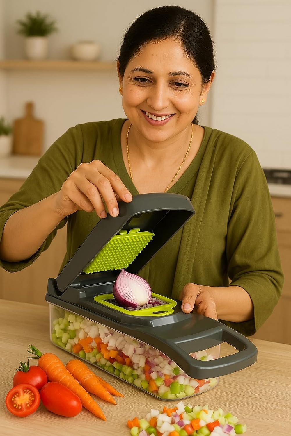 NIRPAUS Vegetable Chopper All-in-One Mandoline Slicer & Vegetable Cutter â€“ Multifunctional Food Prep Tool for Slicing, Dicing, Grating & More. 14 in 1 Handheld Vegetable Chopper Onion Potato Peeler