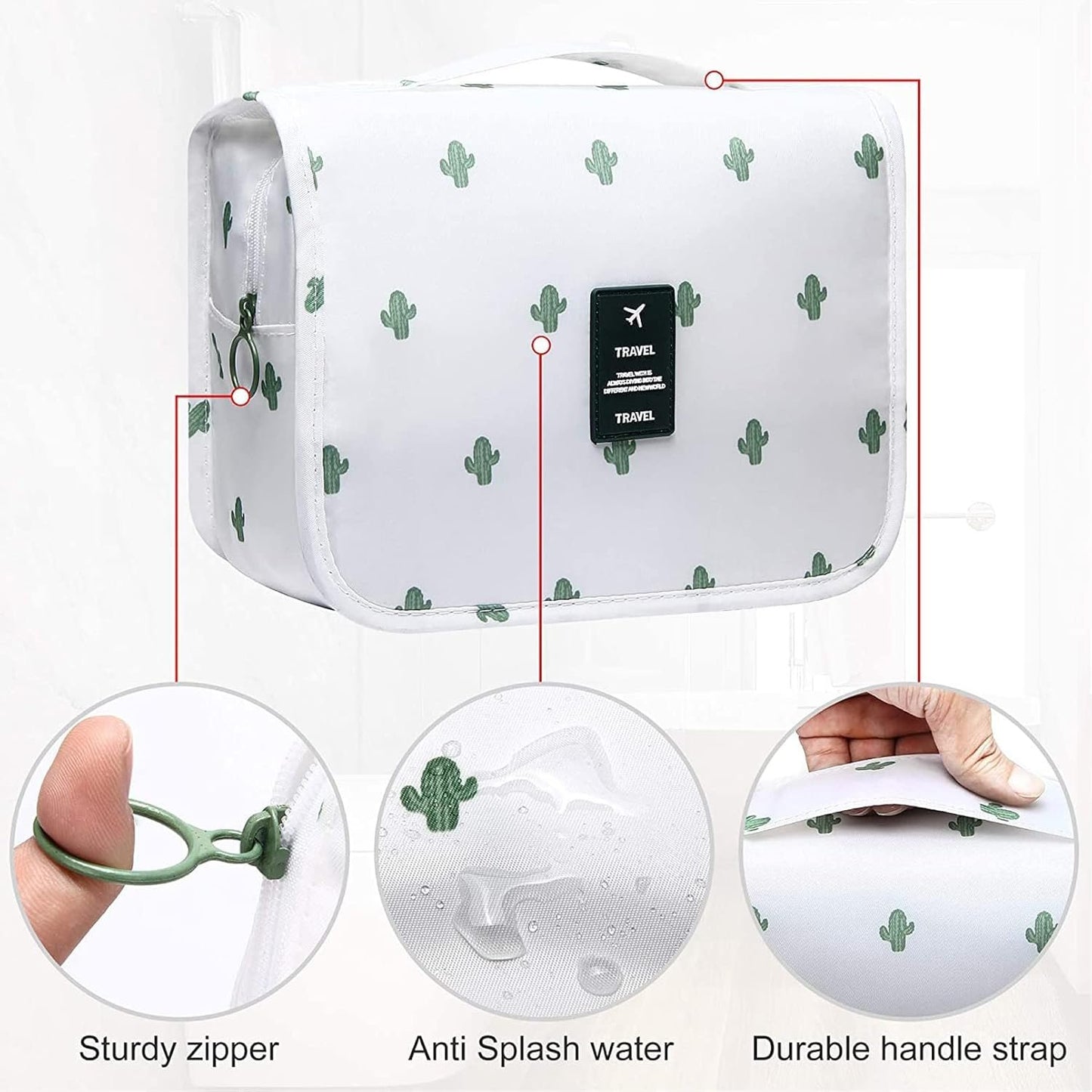 SxoSyo Toiletry Bag for Women Hanging Travel Bag for Toiletries Large Capacity Travelling Accessories Makeup Bags Organizer Cosmetic Bag Waterproof Bathroom Bag, Cactus White, Small, Portable Handle