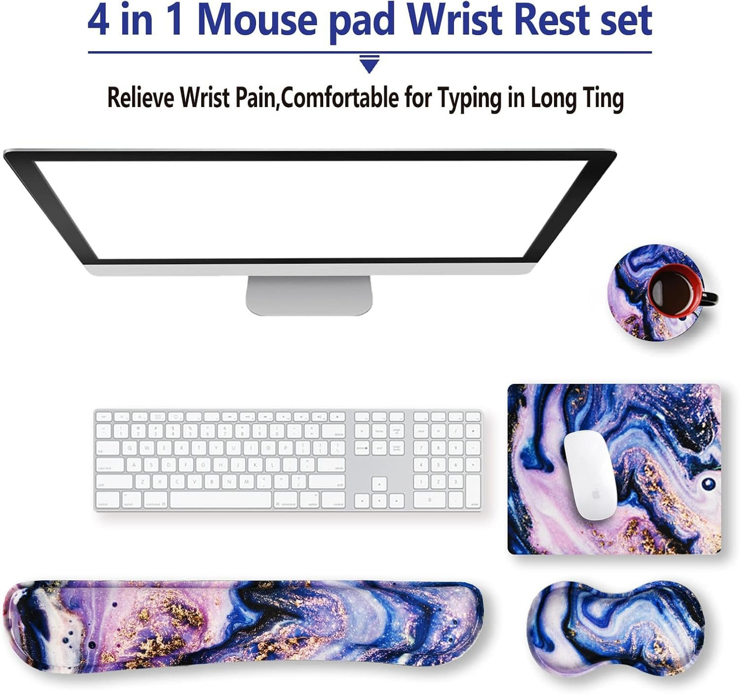 ArtSo Keyboard Wrist Rest and Mouse Pad with Wrist Support Set Ergonomic Coaster, Memory Foam Mousepad 4 in 1 Non-Slip Rubber Base Durable Comfortable for Easy Typing Pain Relief, Purple Marble