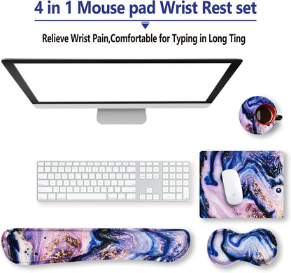 ArtSo Keyboard Wrist Rest and Mouse Pad with Wrist Support Set Ergonomic Coaster, Memory Foam Mousepad 4 in 1 Non-Slip Rubber Base Durable Comfortable for Easy Typing Pain Relief, Purple Marble