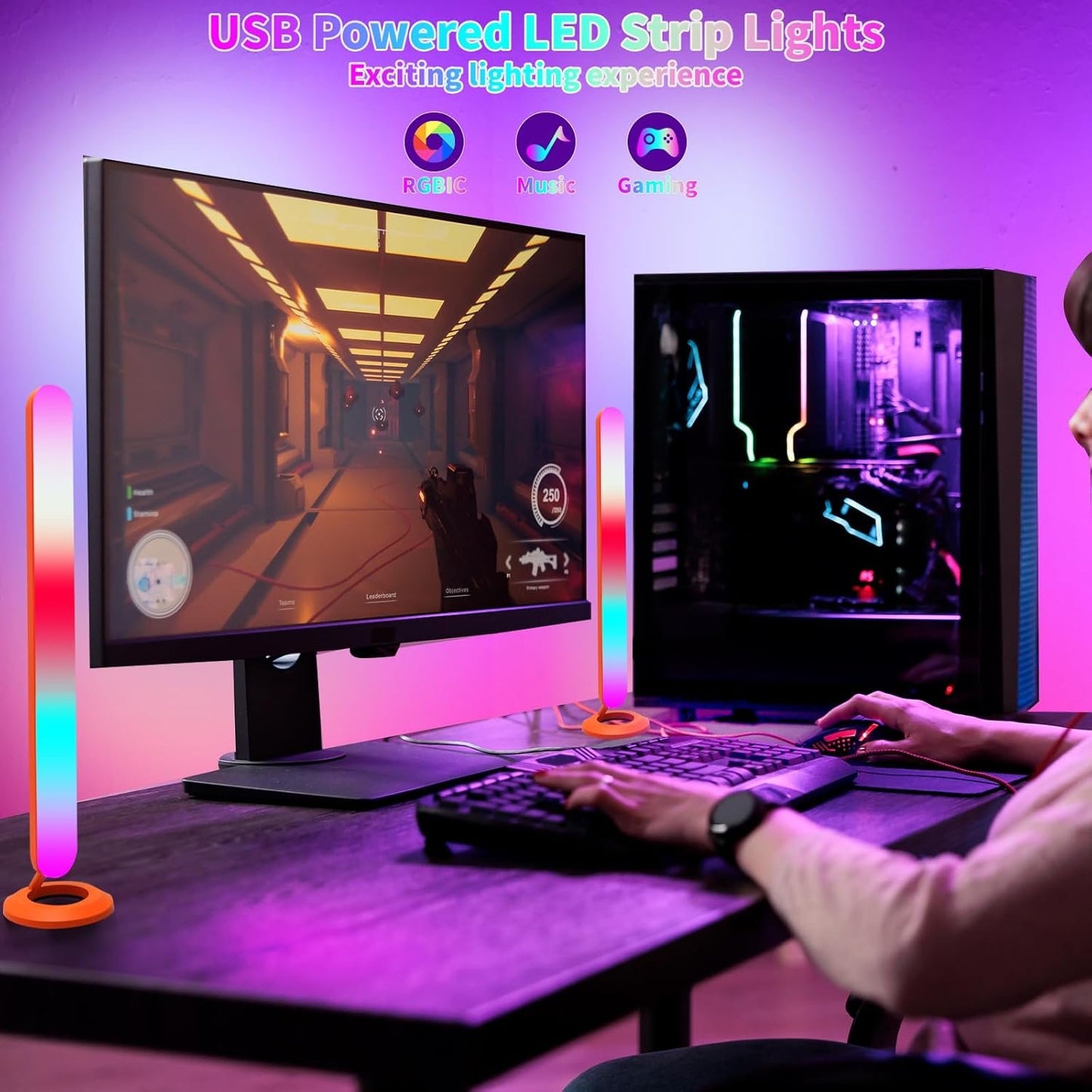 Smart LED Light Bars for Gaming & TV Backlight, RGBIC 16M Colors with Music Sync, App & RF Remote Control, USB-Powered Ambient LED Bars (2-Pack)